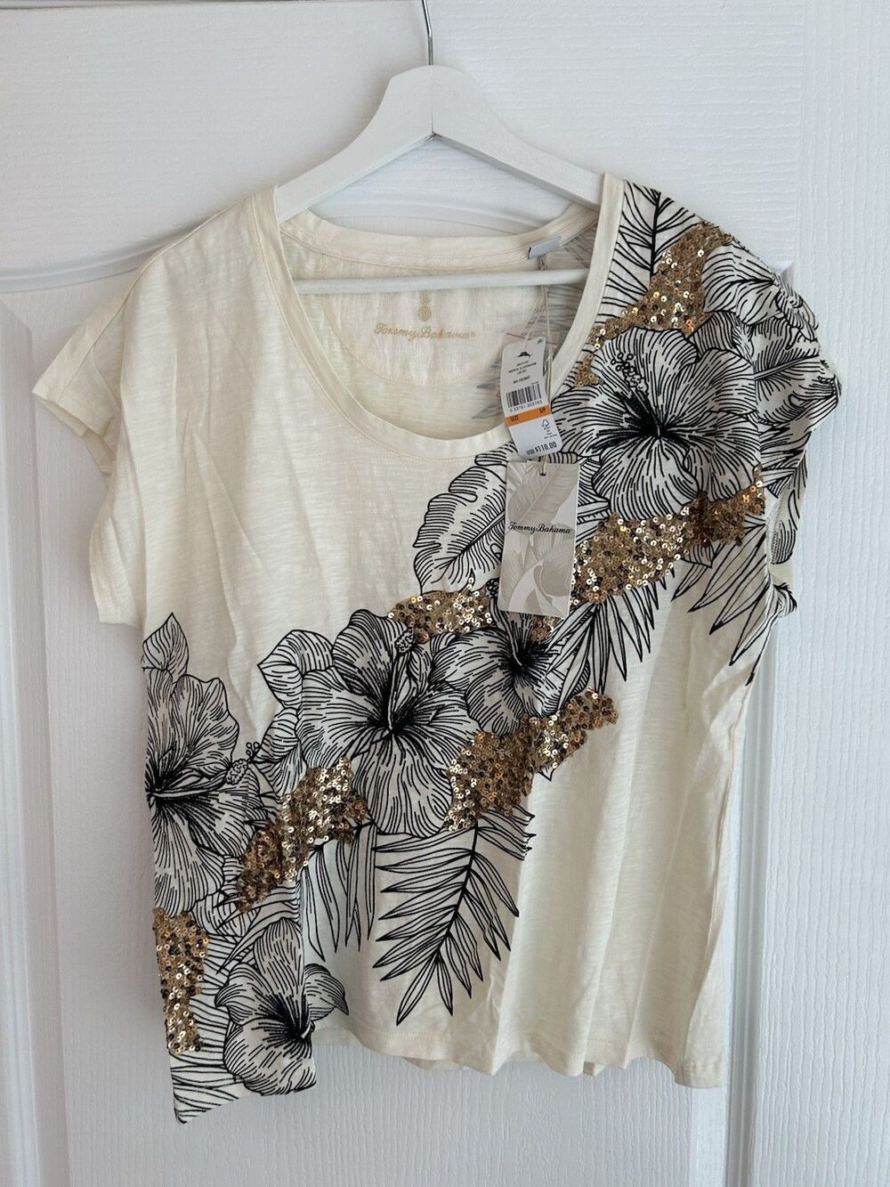 NEW Tommy Bahama Women Off White T-shirt Tropical Floral Print and Sequin Small